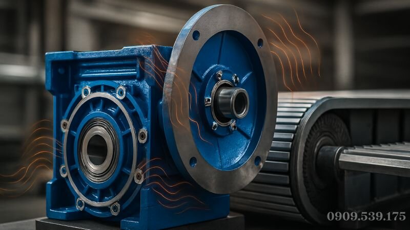 Hộp số giảm tốc NMRV lắp trên băng tải công nghiệp phát sinh nhiệt và tiếng ồn khi vận hành.