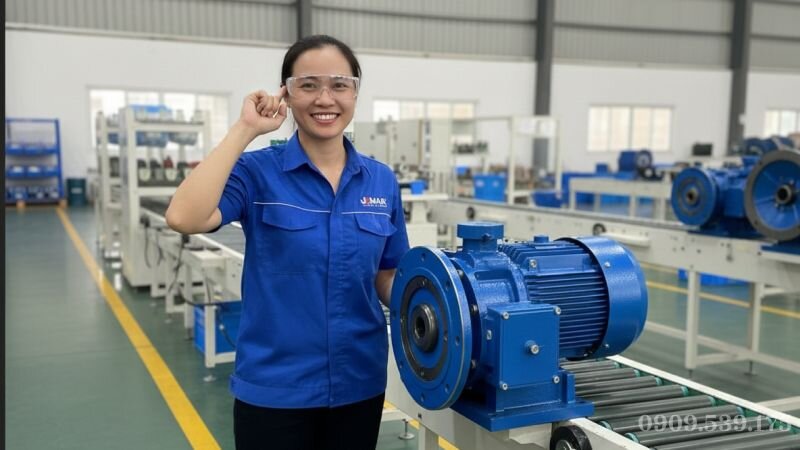 Công nhân vận hành thoải mái bên cạnh dây chuyền lắp hộp số giảm tốc hoạt động êm ái.